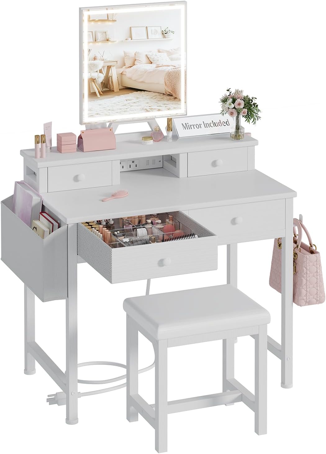 Desk Vanity Setup - Coiffeuse blanche avec miroir et éclairage,